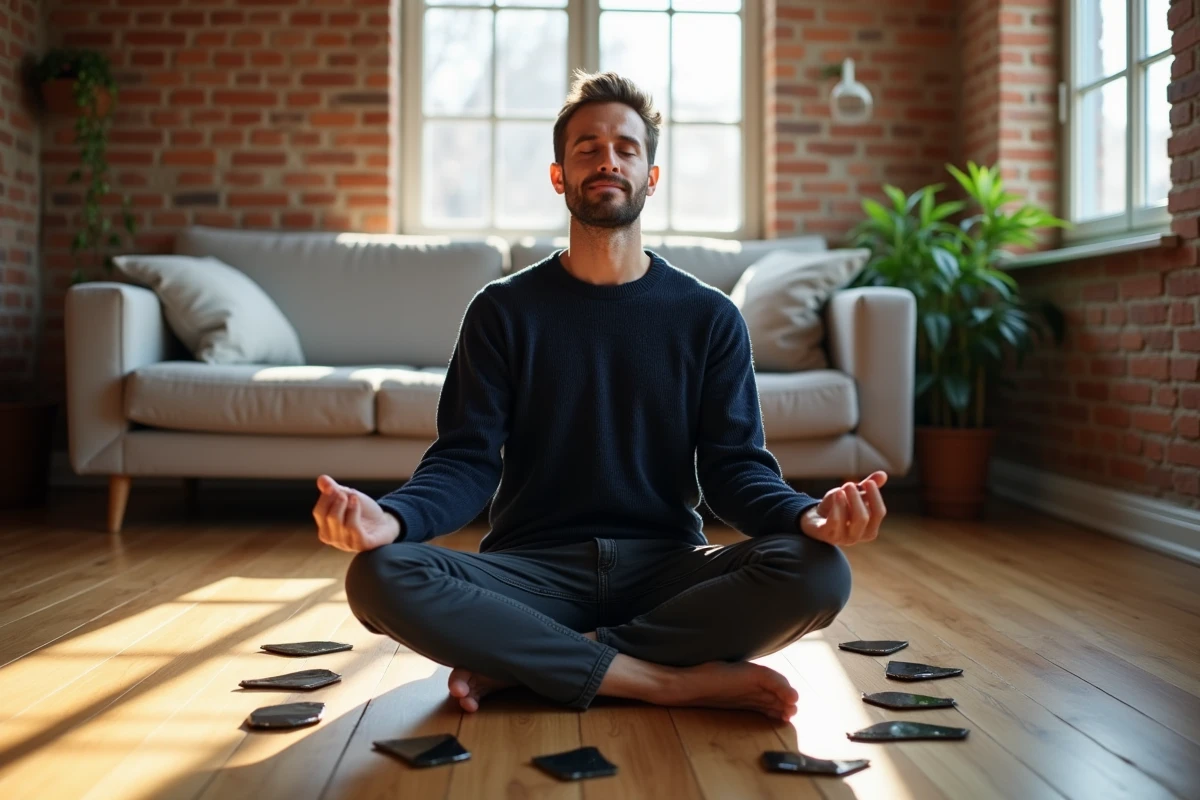 Homme méditant entouré de fragments de miroir sur un parquet en bois, illustrant la loi de l'attraction et la transformation mentale positive