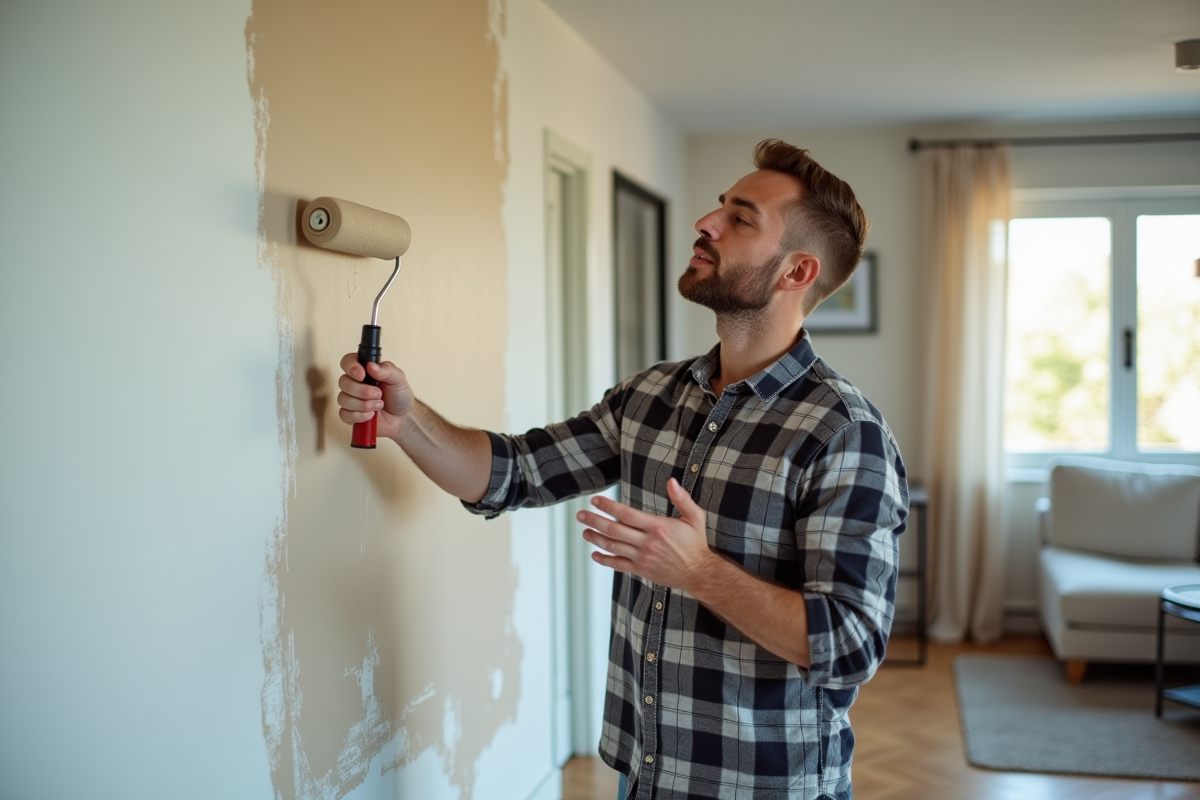 Homme d'âge moyen peignant un mur de salon avec un rouleau