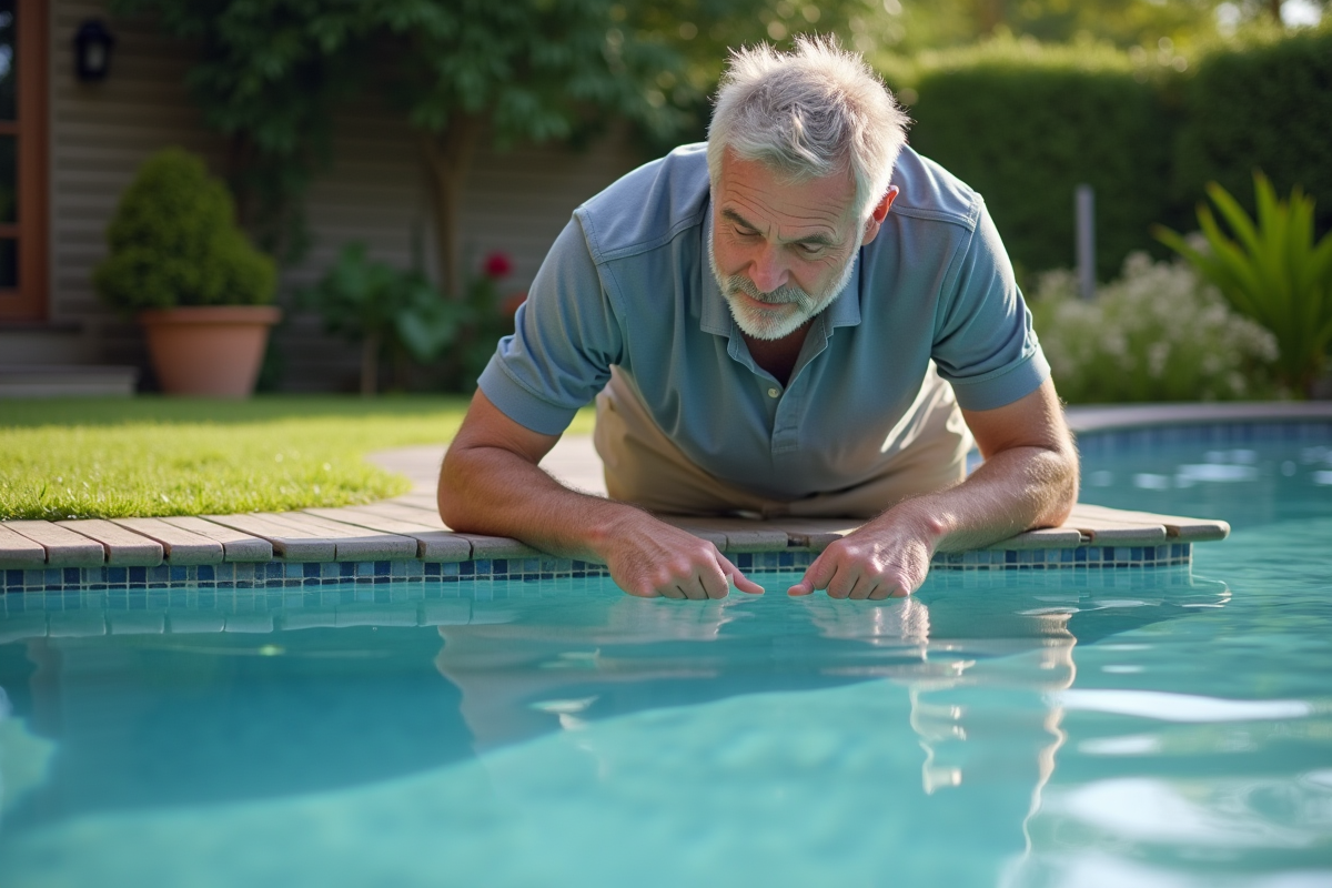 Homme d'âge moyen inspectant une piscine fibreglasse moderne dans un jardin