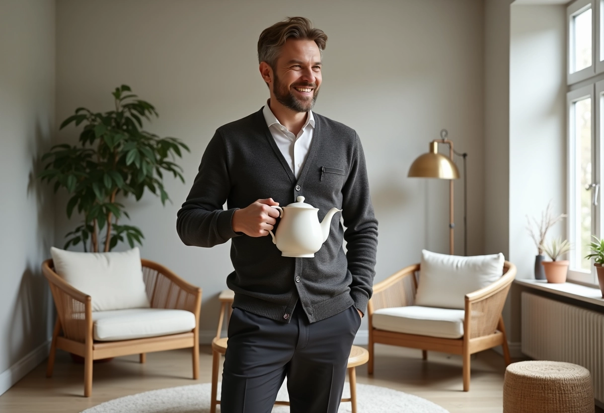 Homme versant du thé dans un salon scandinave ambiance cosy