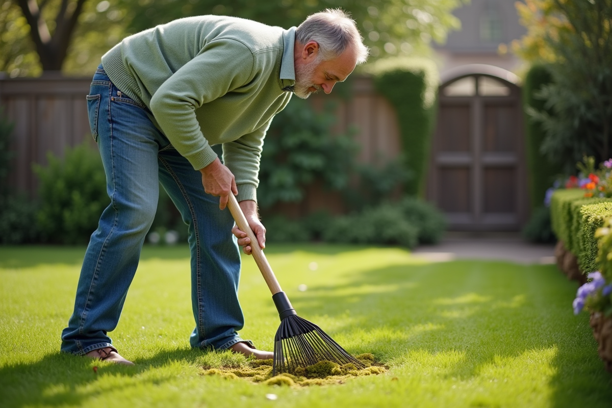 Homme d'âge moyen utilisant un râteau pour enlever la mousse dans un jardin bien entretenu