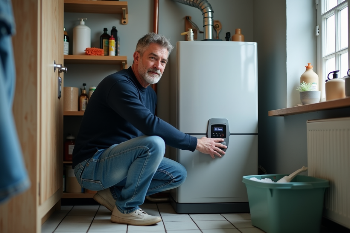 Homme d'âge moyen ajustant un chauffe-eau électrique dans une buanderie