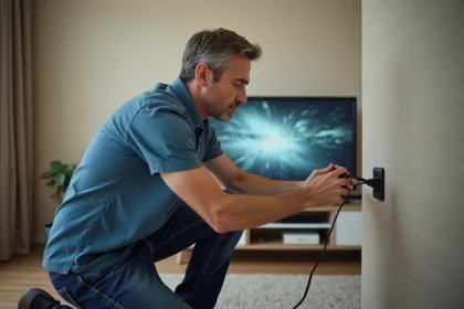 Homme d'âge moyen vérifiant une prise TV dans le salon