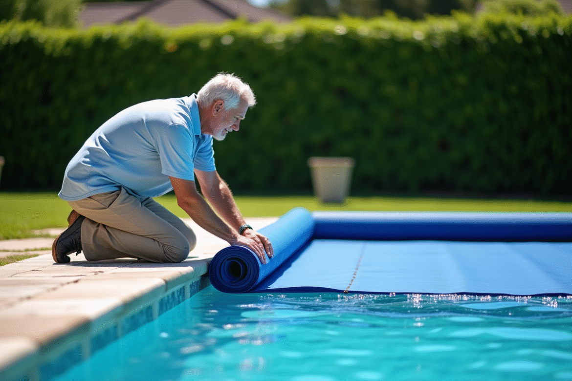 Homme d'âge moyen manipulant une couverture solaire de piscine