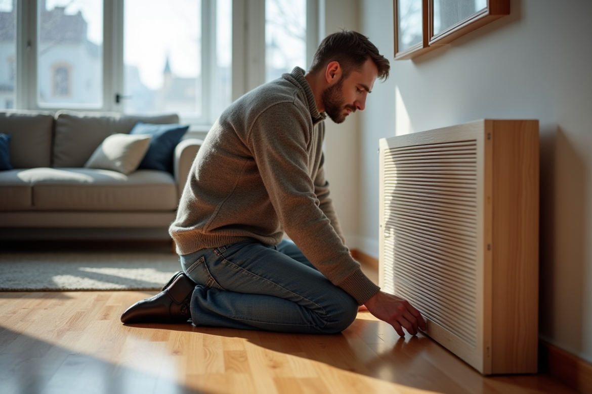 Homme d'âge moyen près d'un radiateur en bois dans un salon moderne