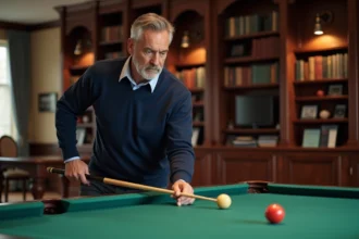 Homme inspectant une table de billard élégante dans un salon sophistiqué