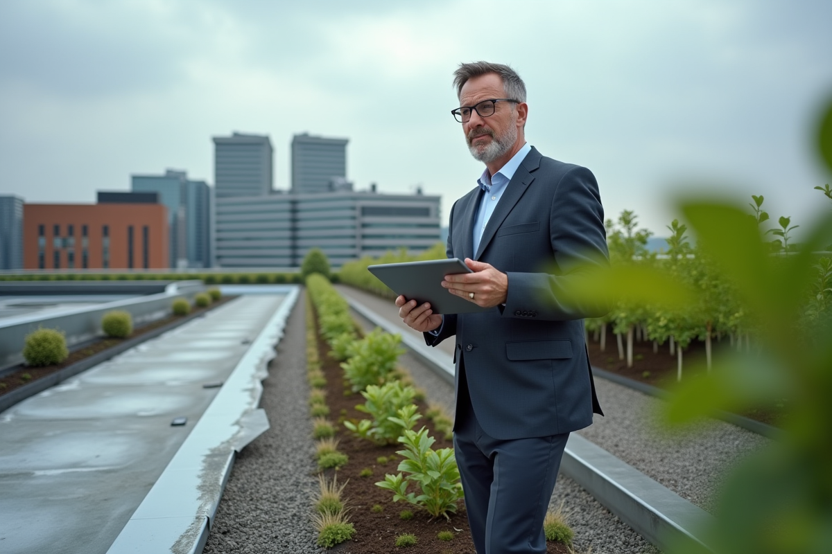 Homme d affaires inspectant un toit végétal urbain