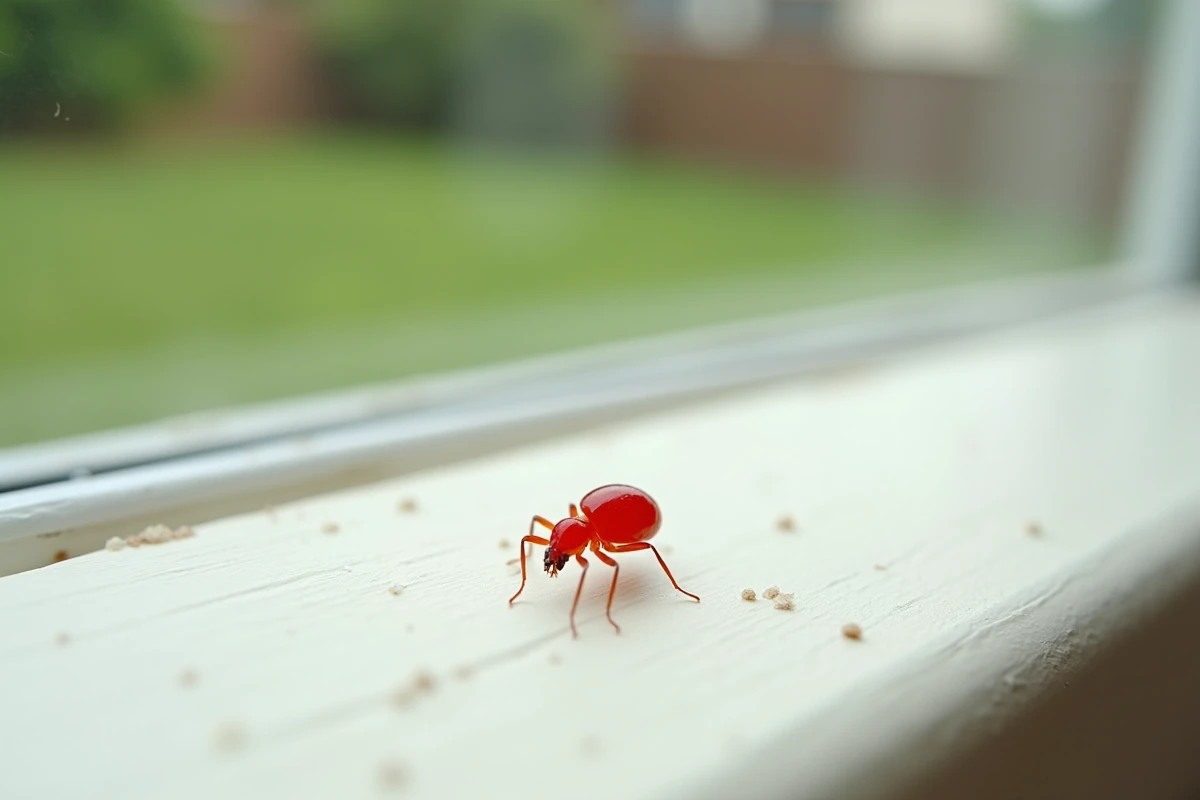 Un seul petit insecte rouge sur un rebord de fenêtre intérieur, vue plongeante rapprochée avec jardin flou en arrière-plan