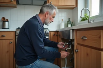 Homme inspectant un régulateur de pression dans la cuisine