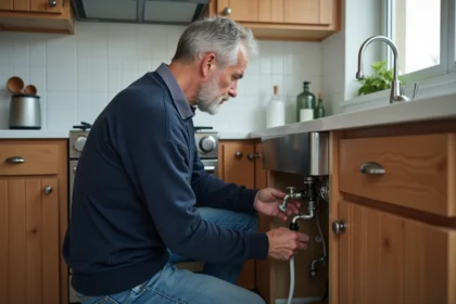 Homme inspectant un régulateur de pression dans la cuisine