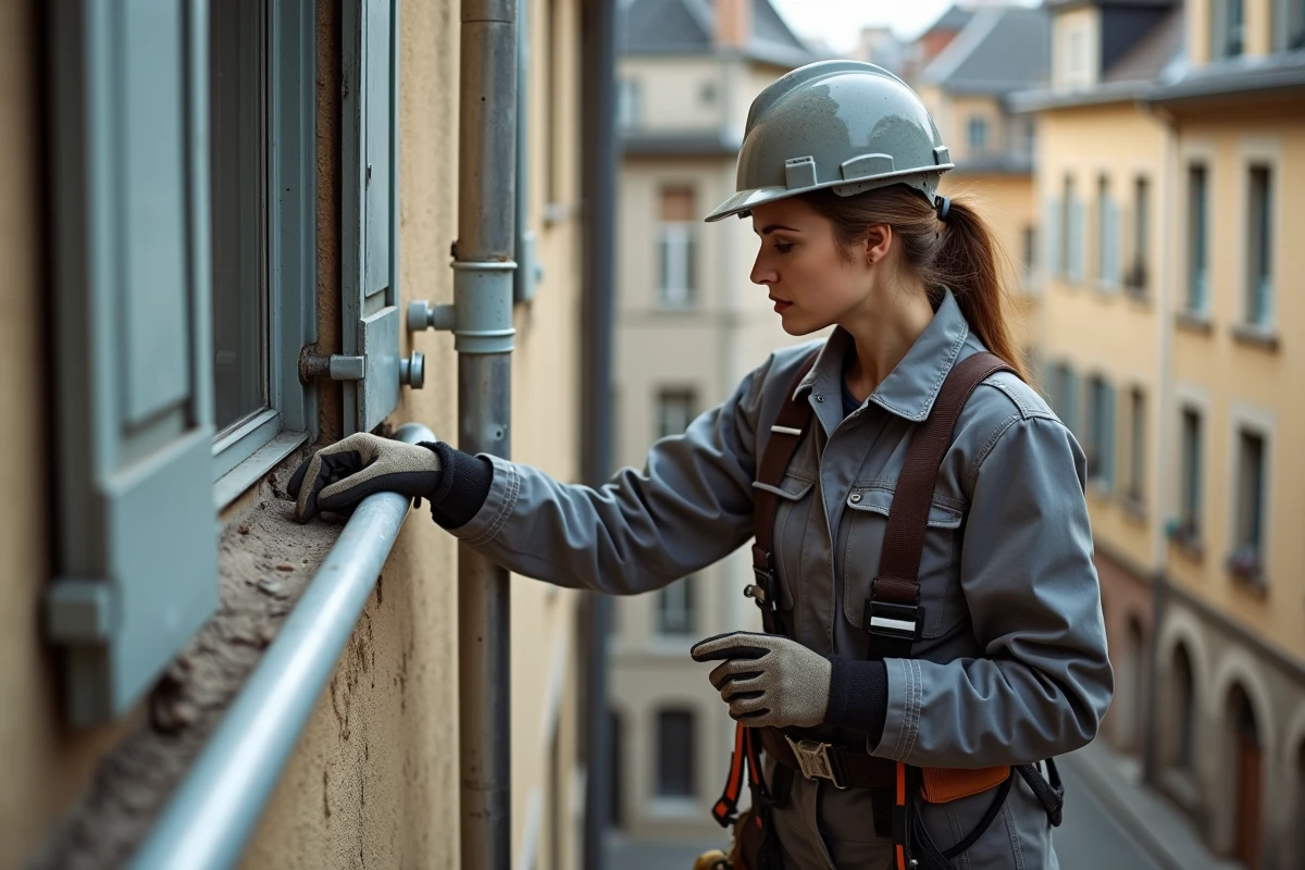 Couvreur femme inspectant une gouttière en zinc sur échafaudage d'une maison de ville ancienne