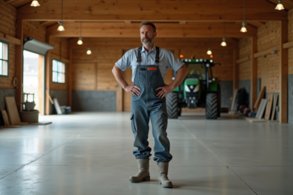Homme inspectant sol en beton poli dans un hangar