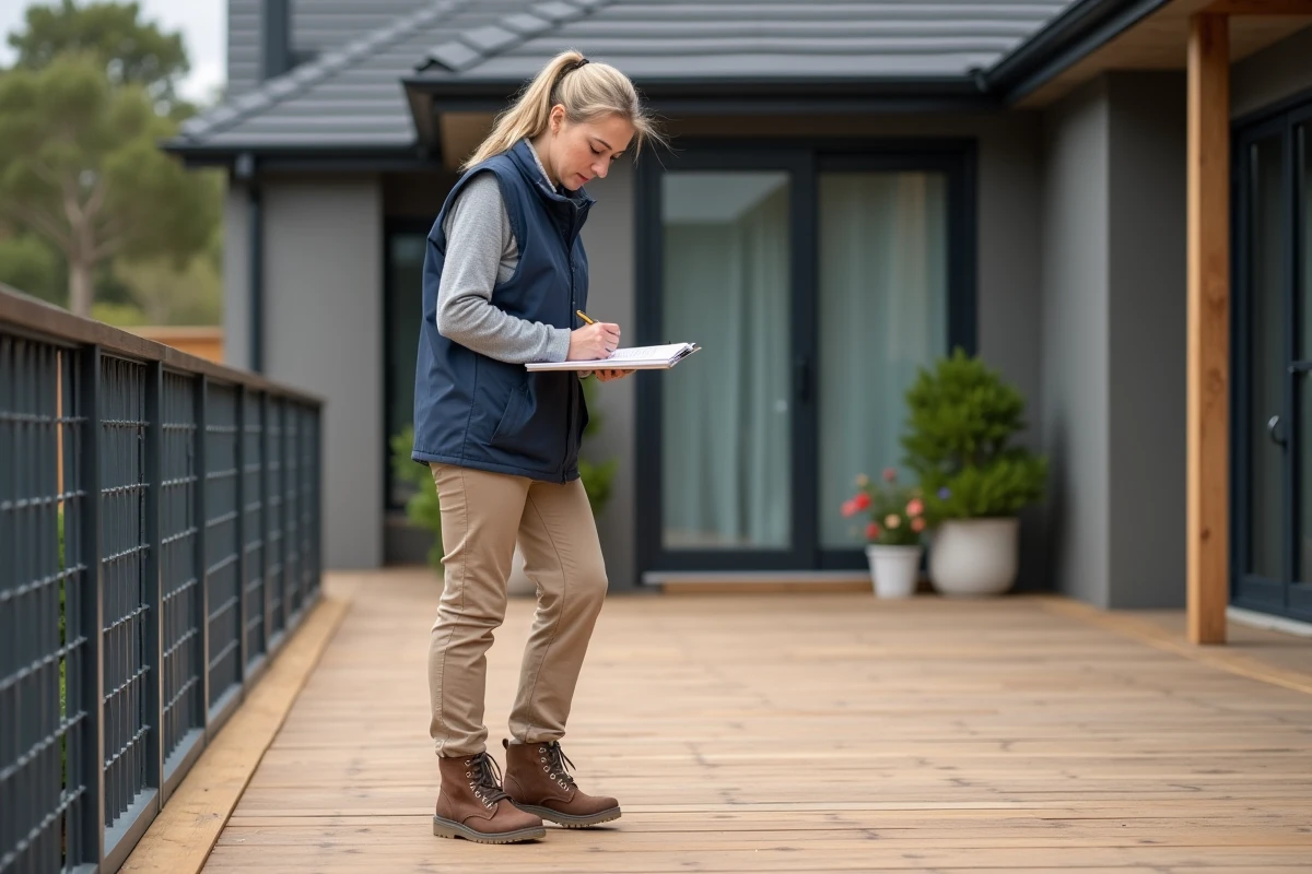 Inspectrice vérifiant la rigidité d'une terrasse en bois lourdement chargée avec prise de notes