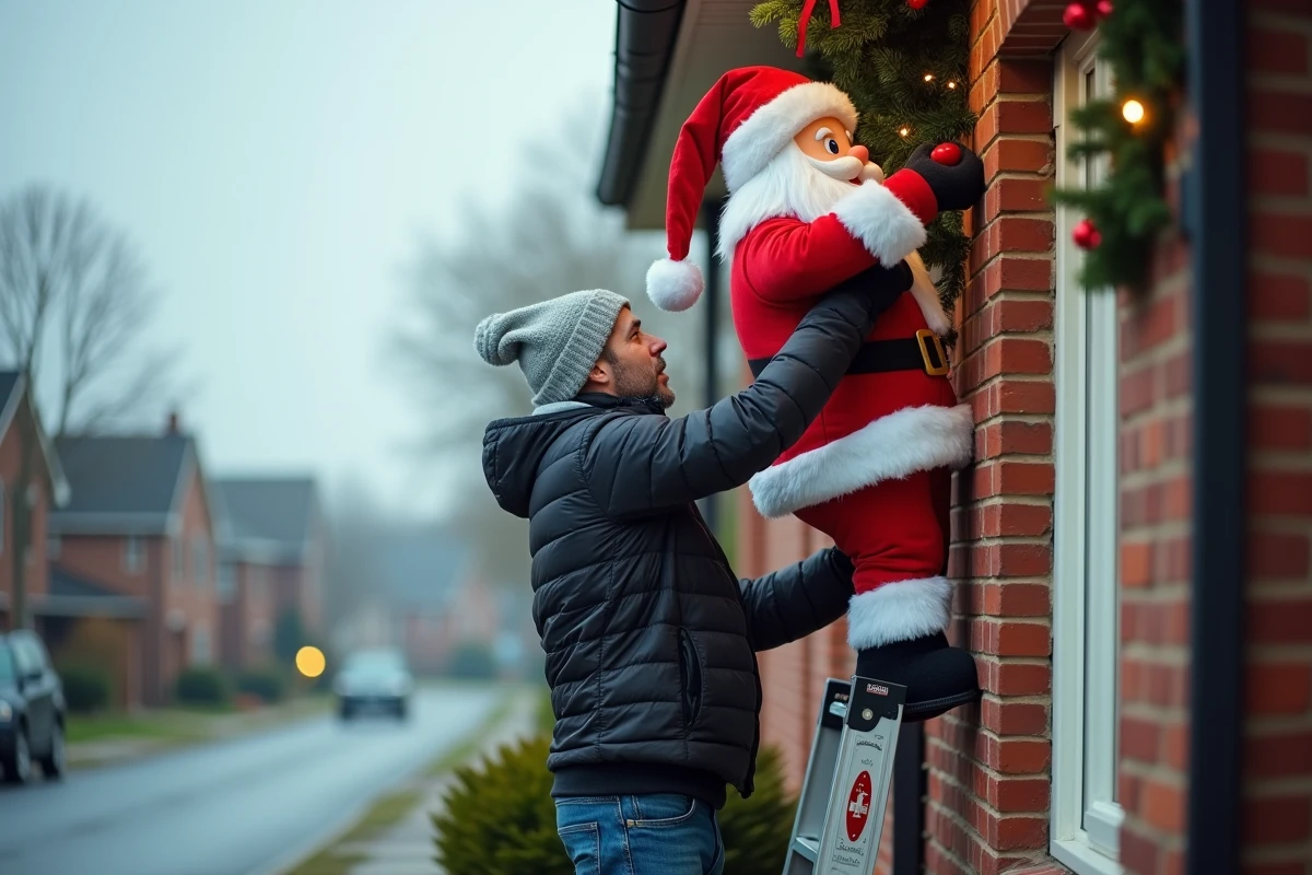 Homme installant une décoration père Noël animée sur la façade en brique de sa maison en hiver