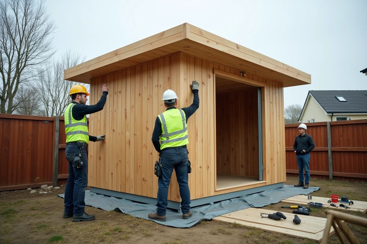 Installation professionnelle d'un module de jardin Greenkub par des ouvriers dans une propriété résidentielle