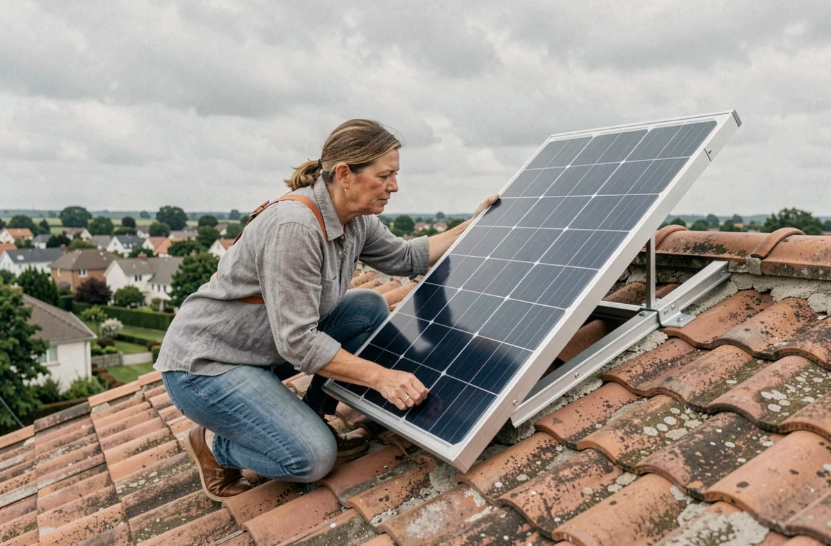 Femme installant un panneau solaire plug and play sur un toit en tuiles avec harnais de sécurité dans un quartier résidentiel