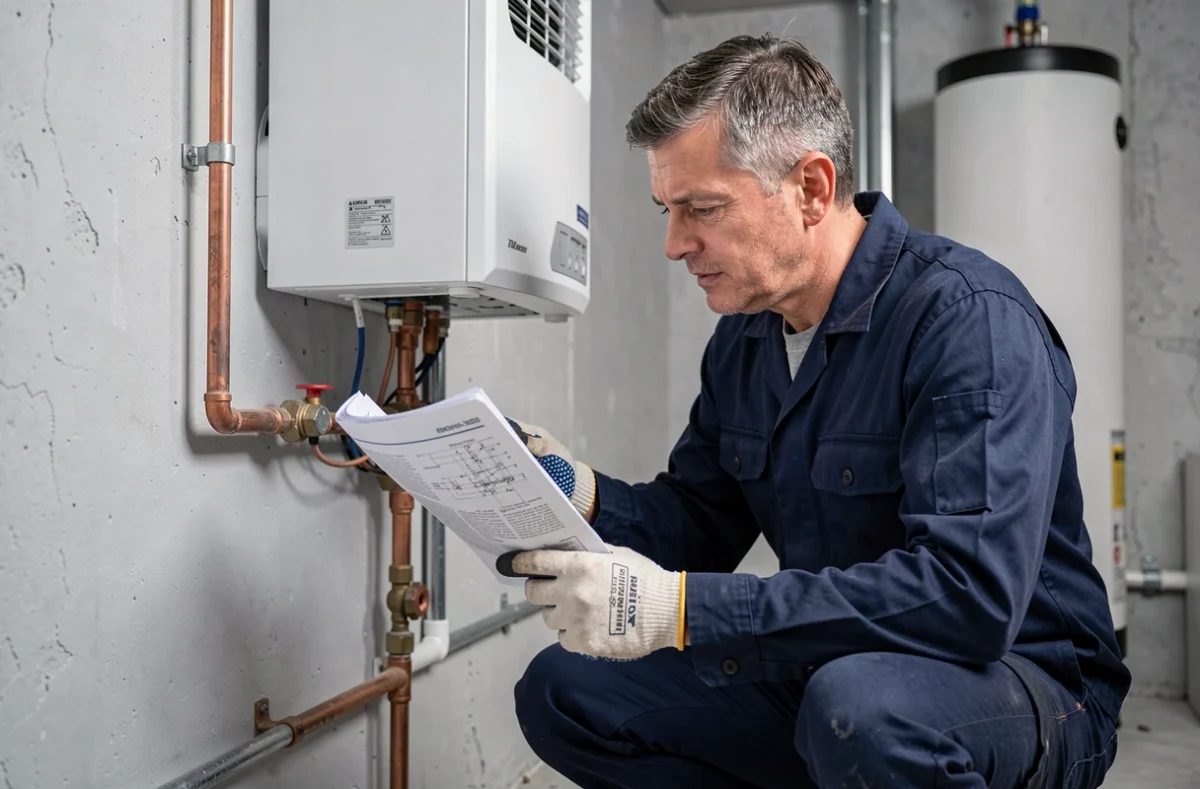 Technicien HVAC installant une pompe à chaleur De Dietrich Alezio dans une chaufferie résidentielle