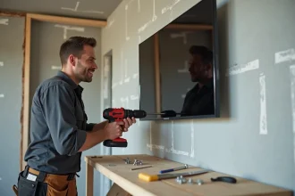 Installateur fixant un support mural pour téléviseur sur une cloison en placo avec une perceuse professionnelle