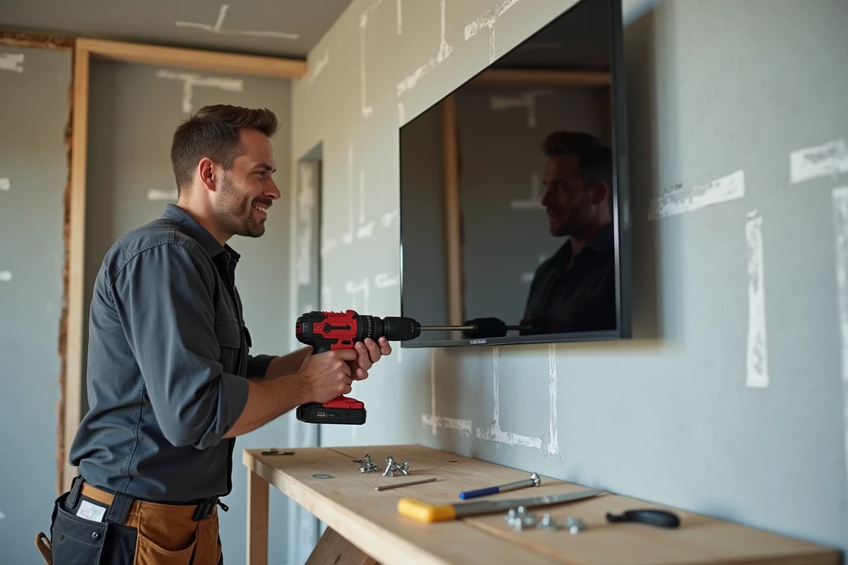 Installateur fixant un support mural pour téléviseur sur une cloison en placo avec une perceuse professionnelle