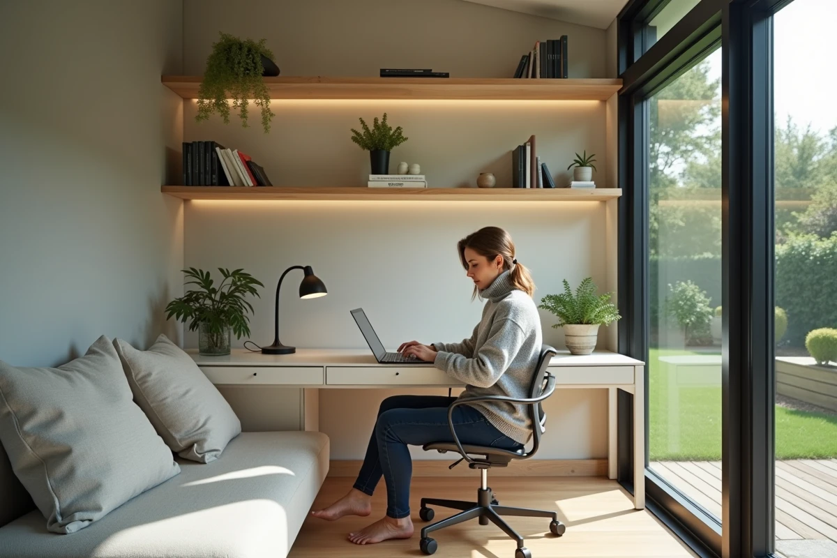 Intérieur d'un bureau de jardin Greenkub aménagé avec une femme travaillant sur ordinateur portable
