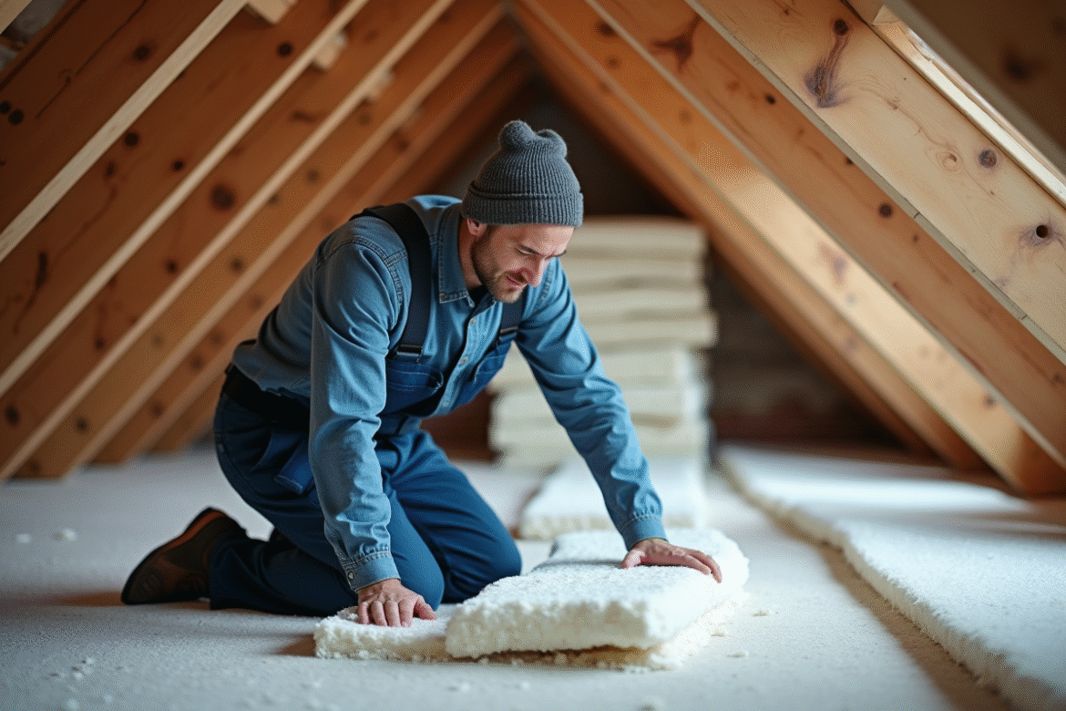 Ouvrier isolant entre les poutres du grenier