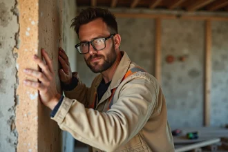 Artisan posant un panneau de laine de roche sur un mur intérieur en brique lors de travaux d'isolation thermique