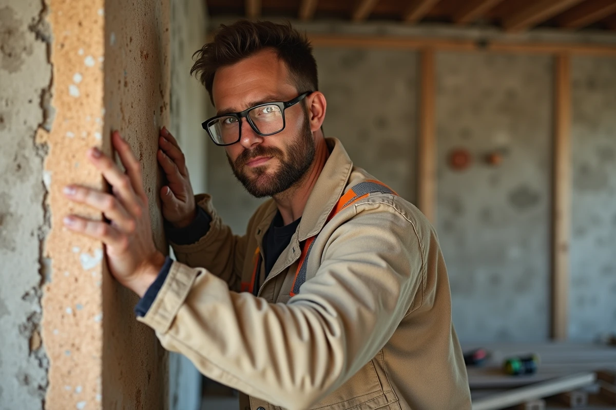 Artisan posant un panneau de laine de roche sur un mur intérieur en brique lors de travaux d'isolation thermique