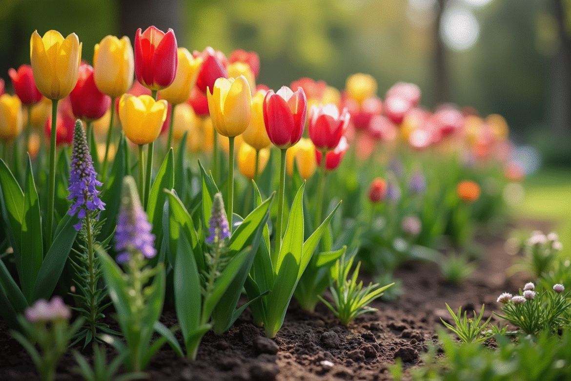 Jardin avec tulipes thym et tansy en fleurs