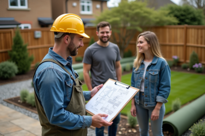 Paysagiste avec couple dans un jardin en construction