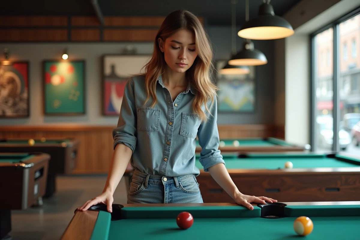 Jeune femme examinant une table de billard dans un showroom moderne