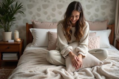 Jeune femme arrangeant des coussins sur un lit douillet dans une chambre chaleureuse