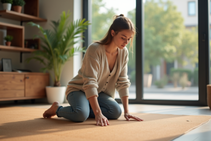 Jeune femme examine un sol en liège dans un salon moderne
