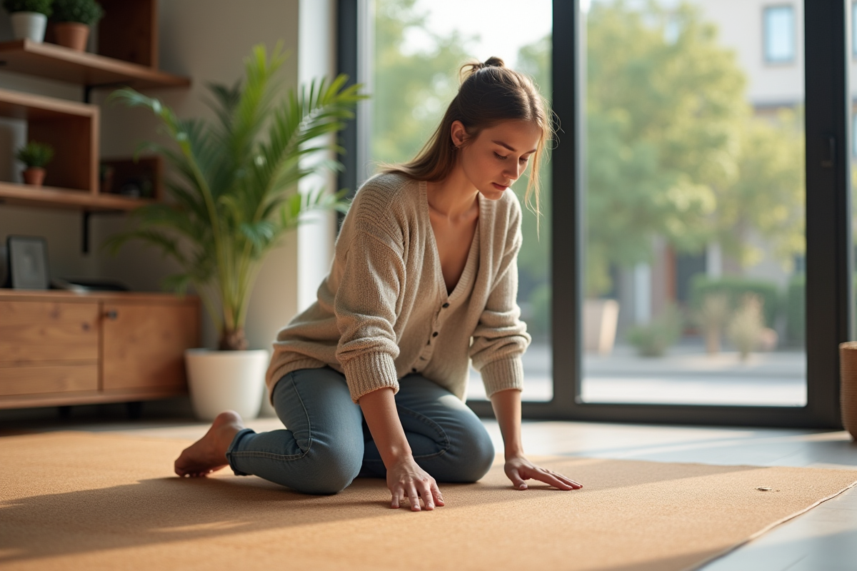 Jeune femme examine un sol en liège dans un salon moderne
