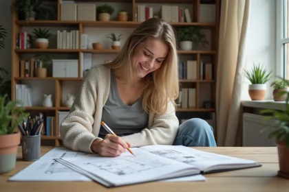 Jeune femme en bureau créatif dessinant un plan de pièce