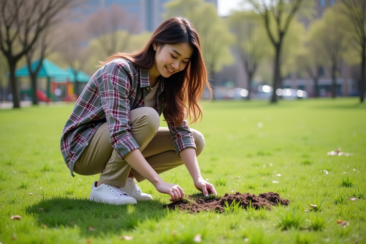 Jeune femme en plein air inspectant la mousse dans un parc verdoyant