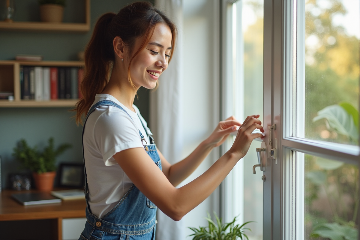 Jeune femme installant du ruban isolant sur une fenêtre