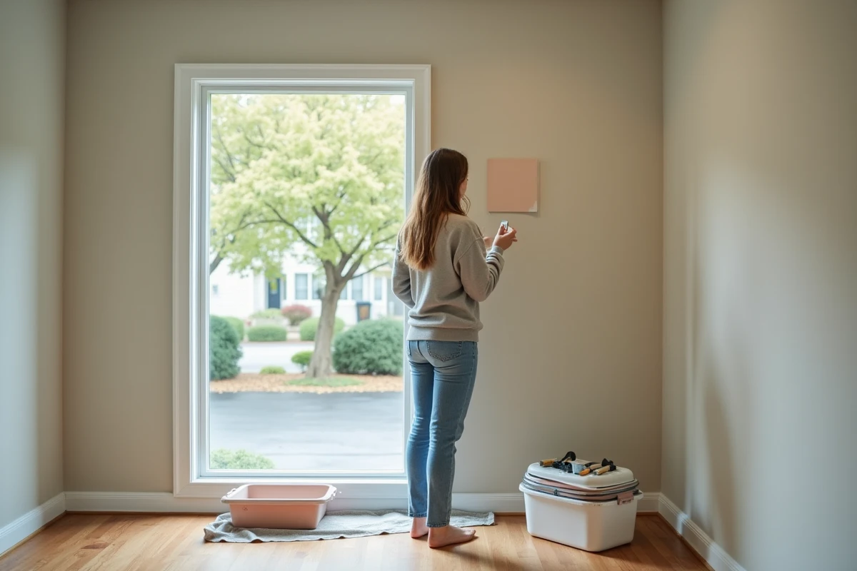 Jeune femme examine un échantillon de couleur sur un mur fraîchement peint