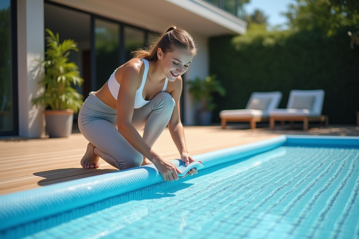 Jeune femme pliant une couverture de piscine en extérieur