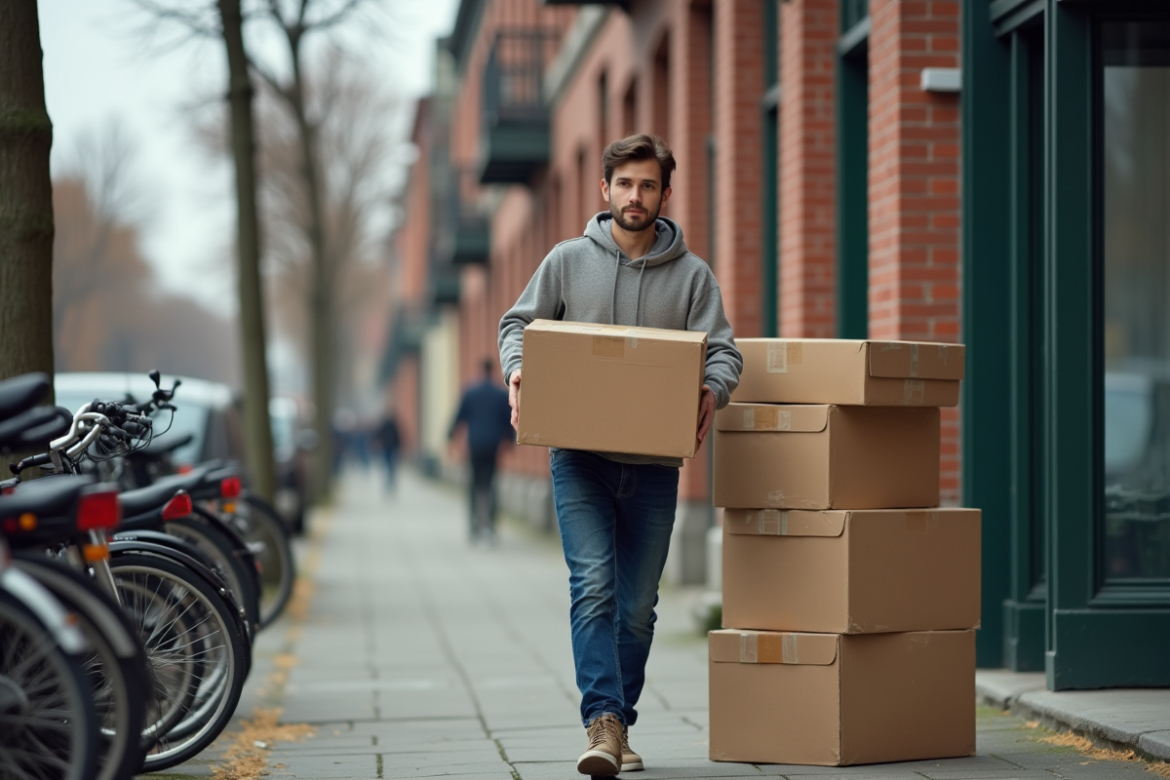 Jeune homme portant une caisse dans la ville
