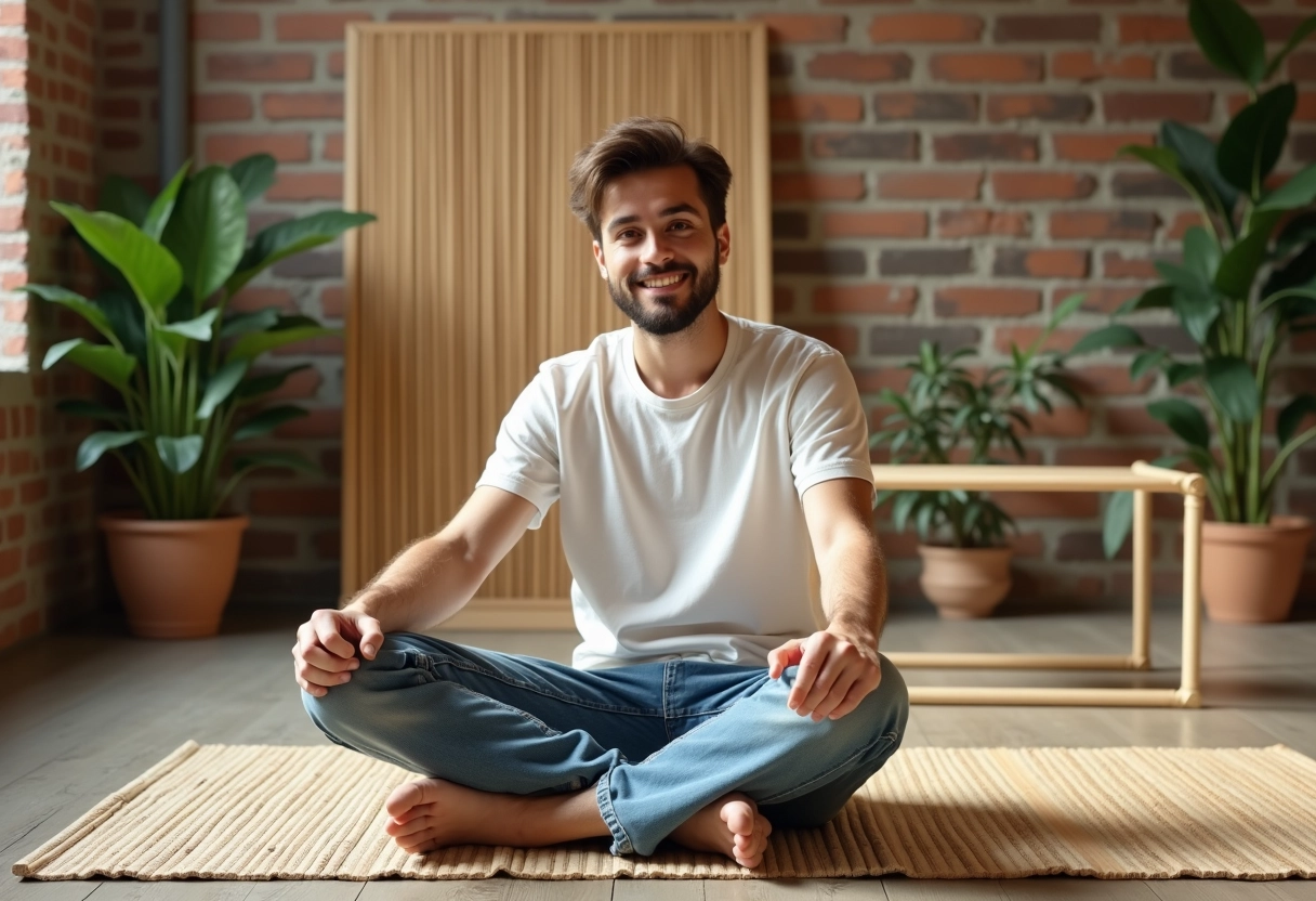 Jeune homme assemble un meuble en bambou dans un loft