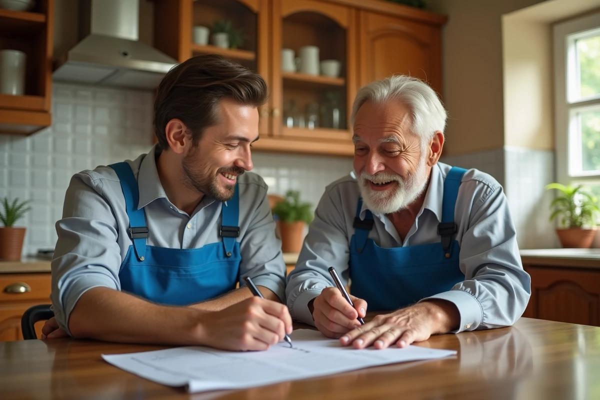 Jeune homme nettoyeur écoutant un homme âgé dans la cuisine