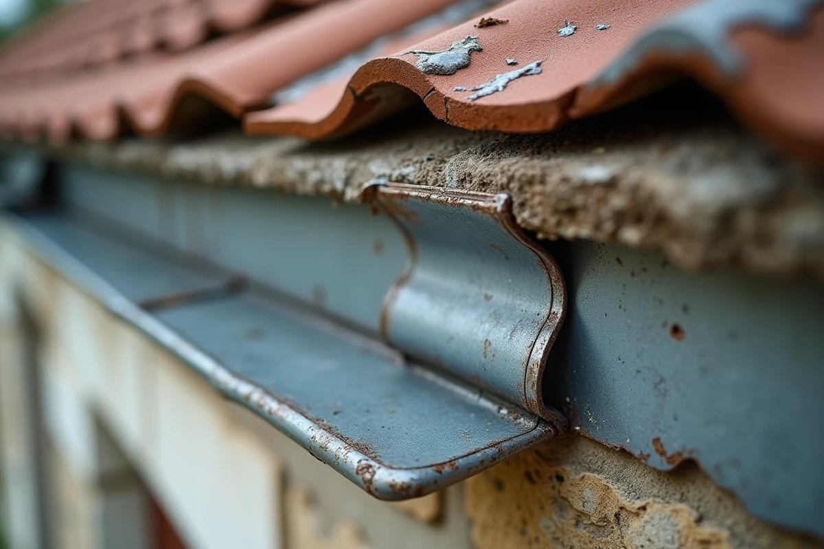 Gros plan sur un joint soudé sur une gouttière en zinc ancienne avec patine et résidu de flux visible
