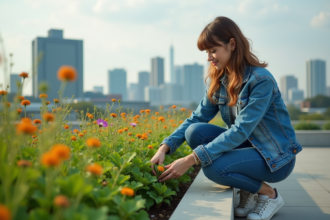 Jeune femme en jeans et veste dans un jardin sur le toit