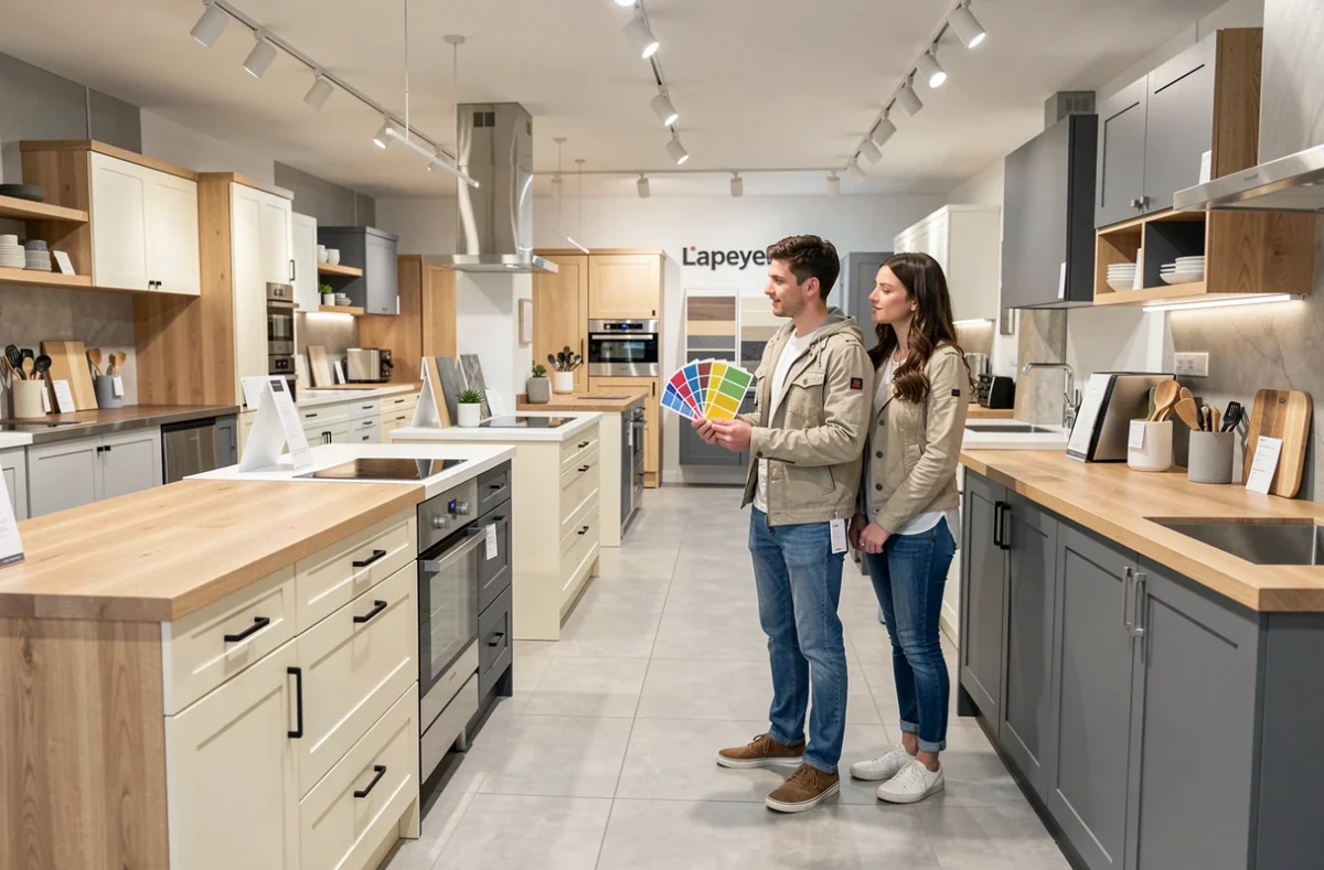 Couple comparant des modèles de cuisines exposés dans un magasin Lapeyre dans la Vienne