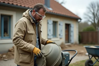 Homme inspectant une bétonnière électrique en location sur un chantier particulier en France