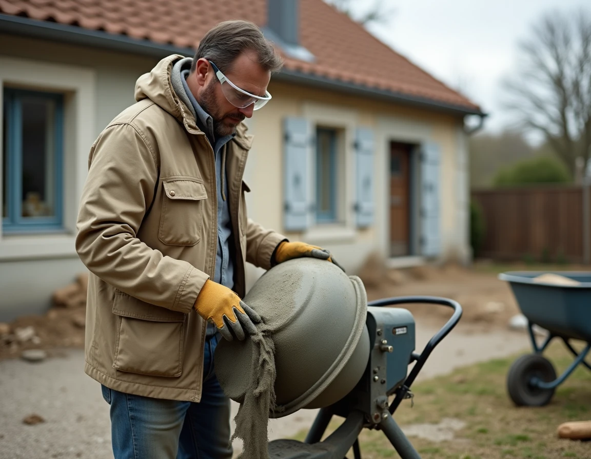 Homme inspectant une bétonnière électrique en location sur un chantier particulier en France