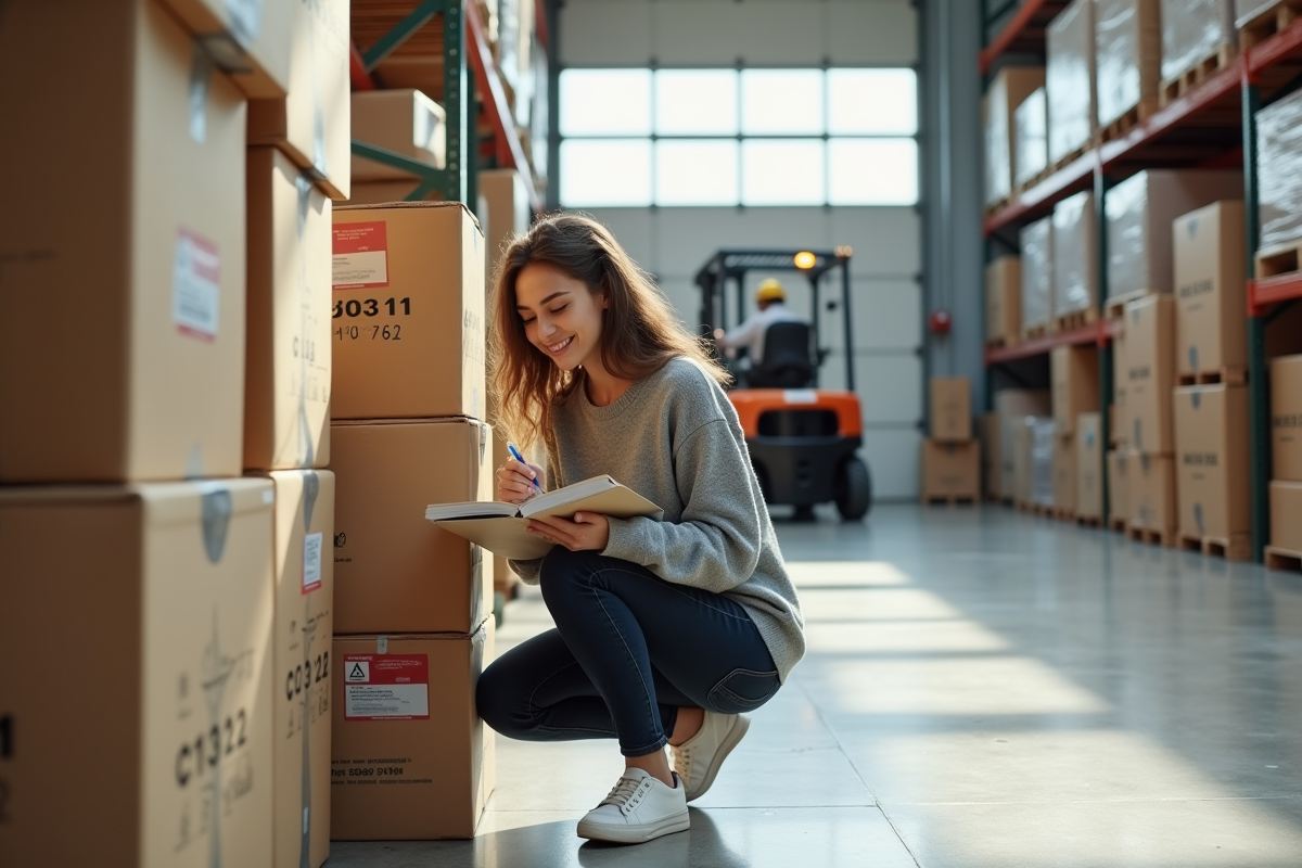 Coordonnatrice logistique notant des mesures près de cartons