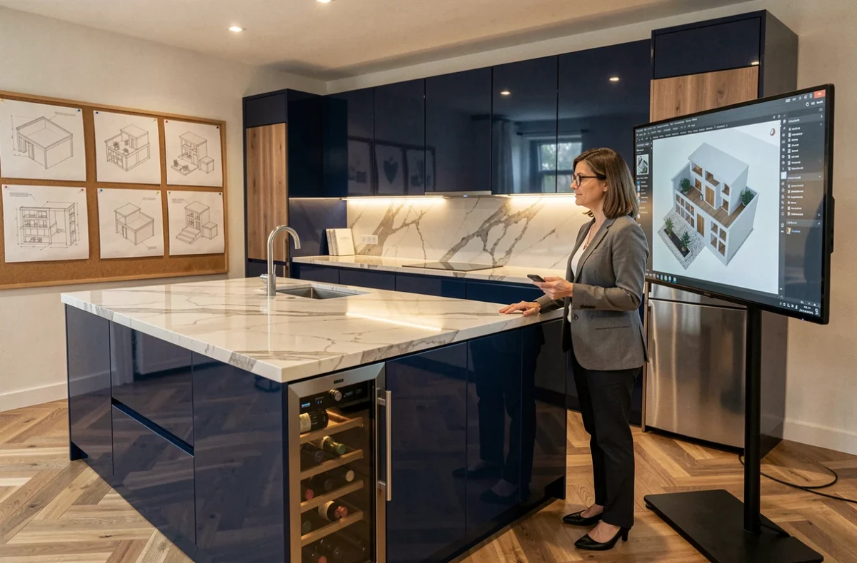 Architecte d'intérieur chez M CIA dans la Vienne étudiant un rendu 3D d'une cuisine bleue haut de gamme