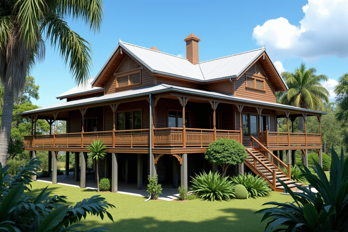 Maison Queenslander avec veranda large et jardin tropical