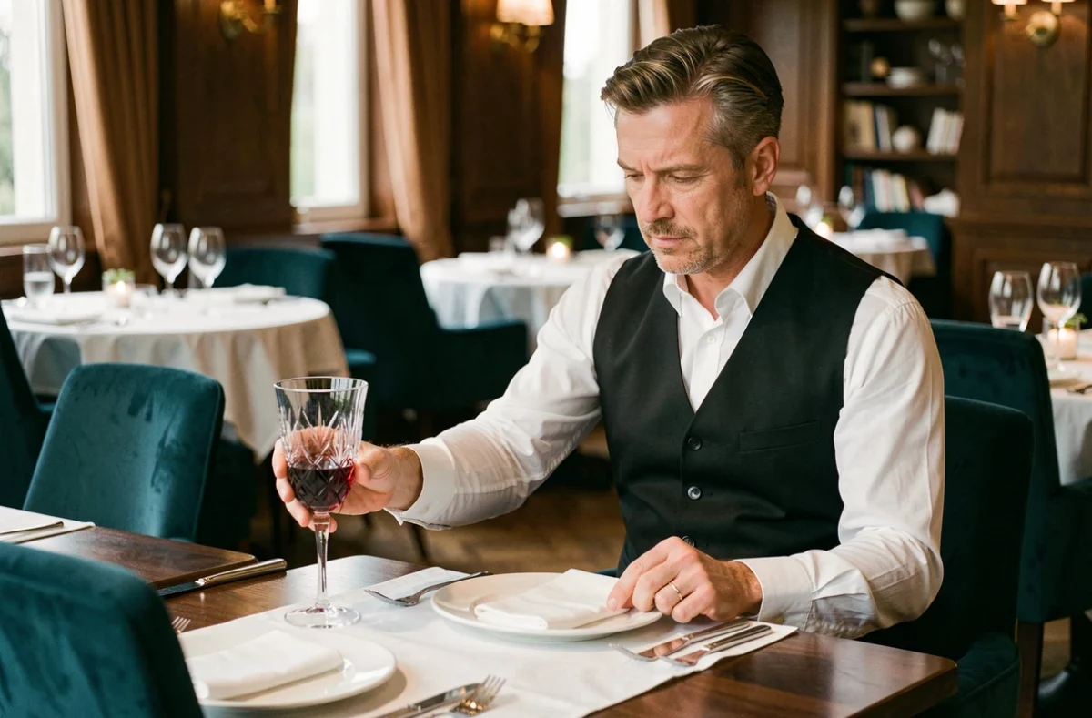 Maître d'hôtel plaçant un verre à vin en cristal sur une table de restaurant gastronomique dressée avec soin